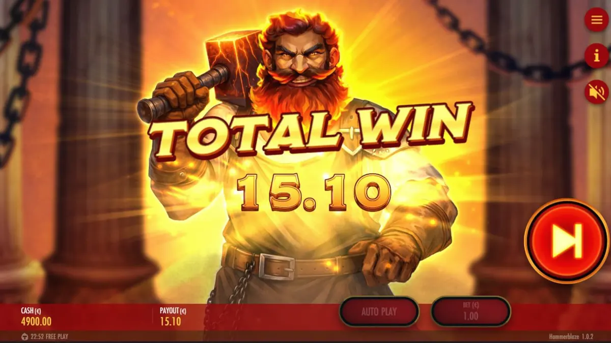 Visual slot Hammerblaze yang menampilkan tema gunung berapi dan pandai besi mitologi Yunani