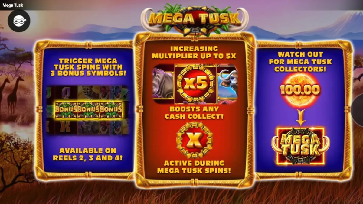 Pemandangan savana Afrika yang megah dengan simbol satwa liar di gulungan slot Mega Tusk