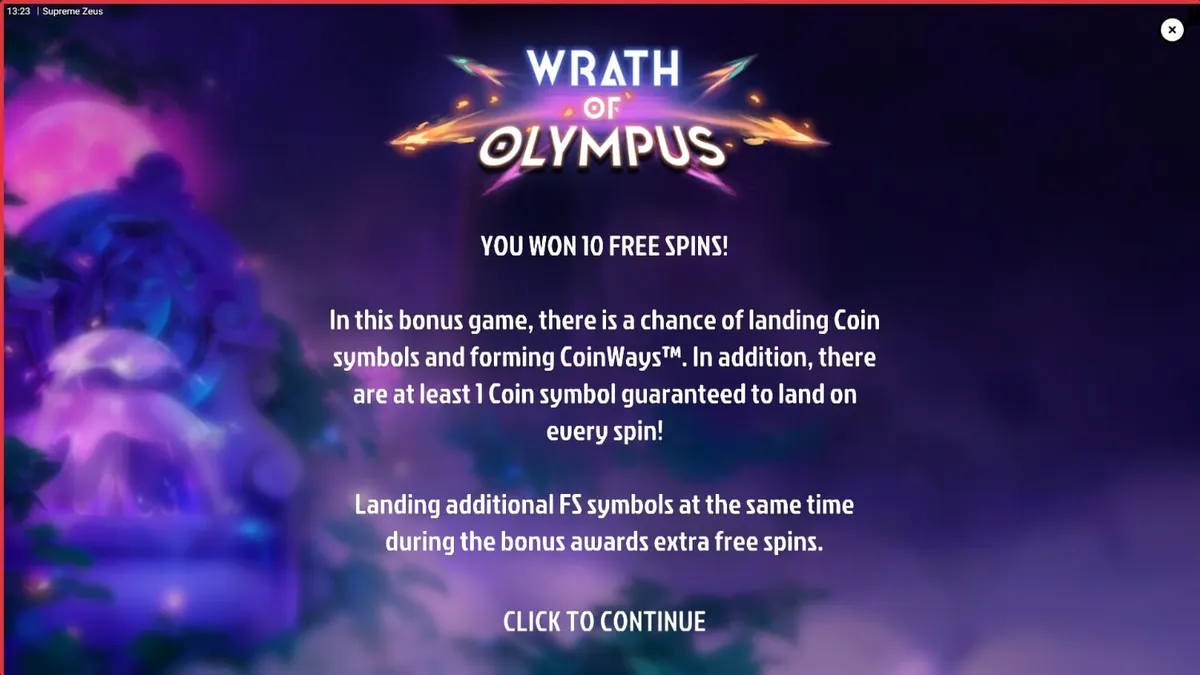 Tampilan layar permainan slot Supreme Zeus dengan latar belakang Olympus yang megah